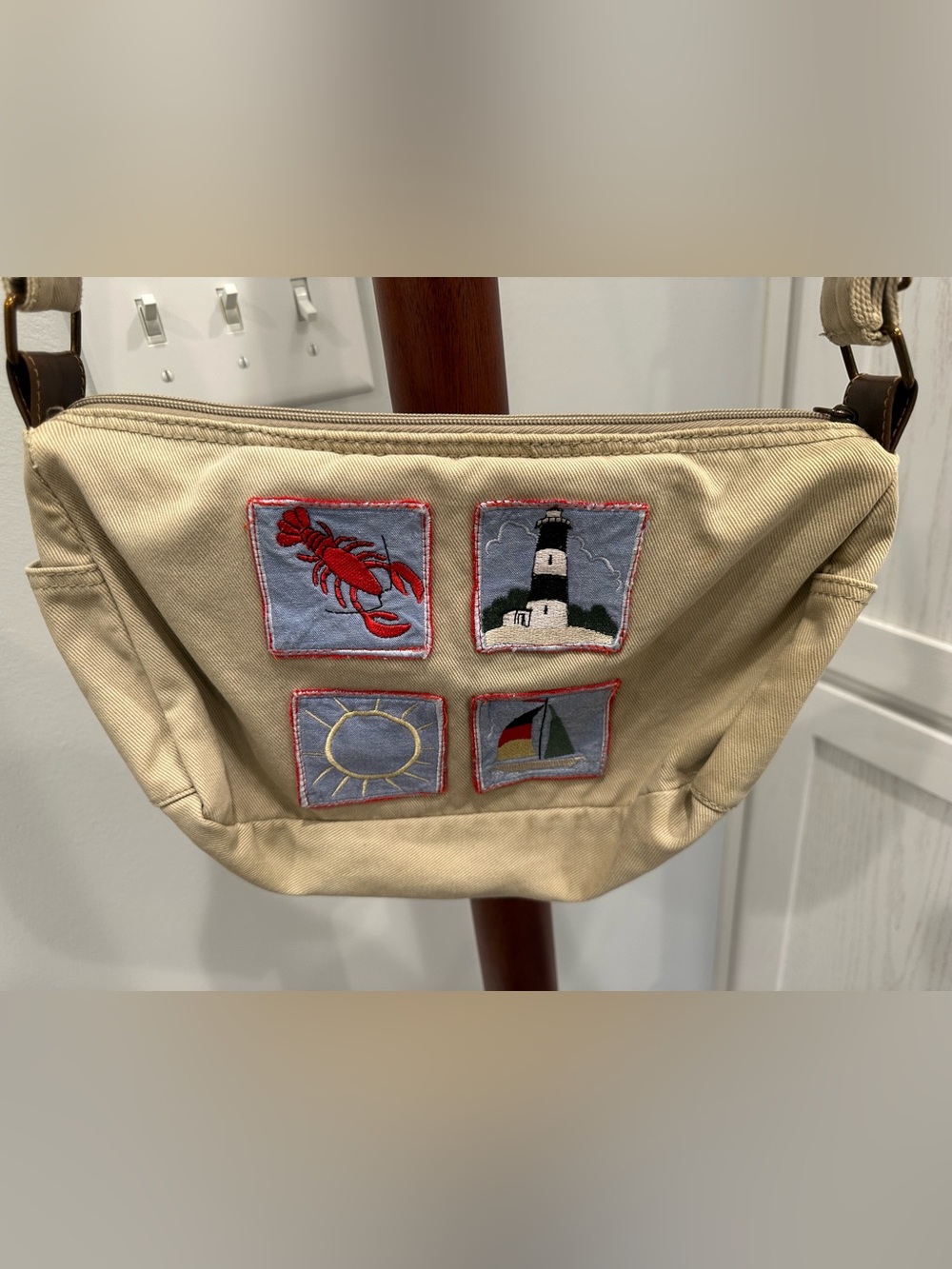 Canvas Crossbody Bag with Nautical Patch Accents - Cream